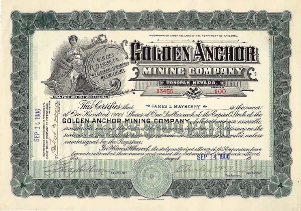 Golden Anchor Mining Co-Tonopah, NV - Stock Certificate