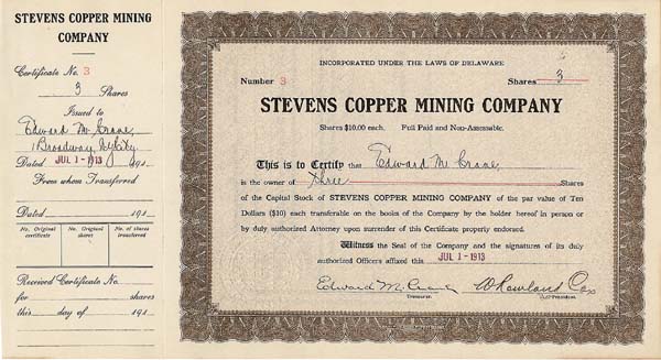 Stevens Copper Mining Co. - Stock Certificate