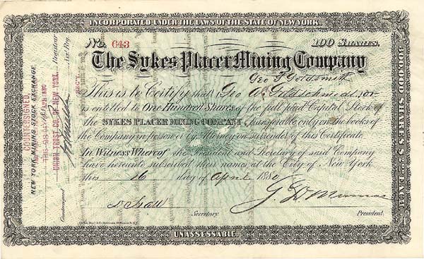 Sykes Placer Mining Co. - Stock Certificate