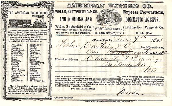 American Express Co. - Wells, Butterfield and Co - Shipping Receipt