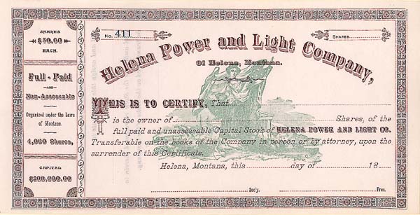 Helena Power and Light Co of Helena, MT - Stock Certificate