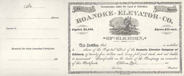 Roanoke Elevator Co of Elkhorn - Stock Certificate