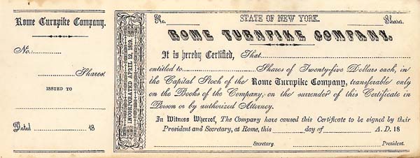 Rome Turnpike Co. - Stock Certificate