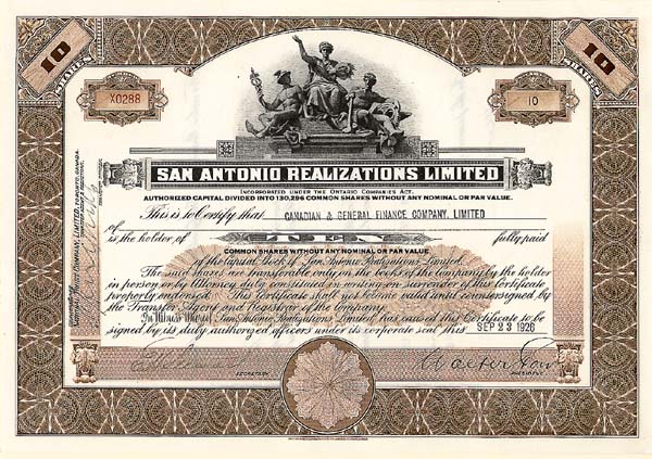 San Antonio Realizations Limited - Stock Certificate