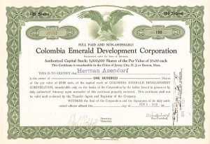 Colombia Emerald Devel Corporation - Stock Certificate