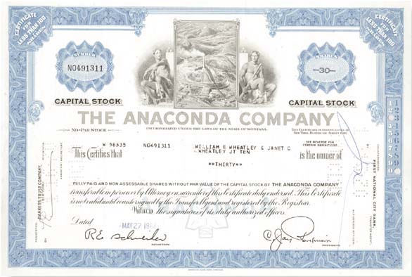 Anaconda Copper Mining Company Stock Certificate 