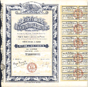 Societe Francaise D'Exploitations Auriferes - Stock Certificate