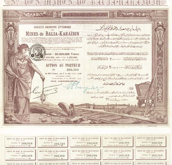 Societe Anonyme Ottomane Des Mines de Balia-Karaidin - Stock Certificate