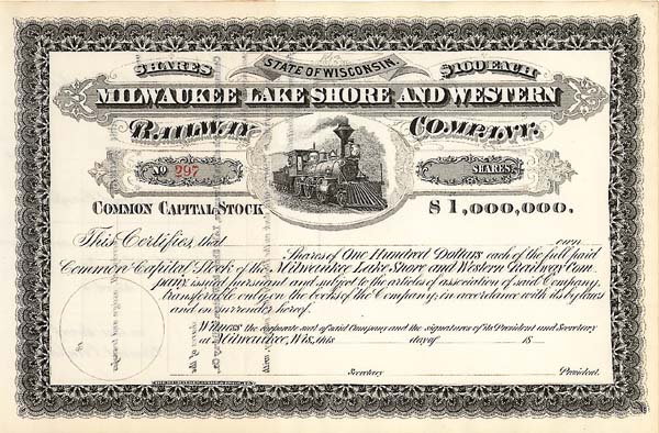 Milwaukee, Lake Shore and Western Railway - Unissued Stock Certificate