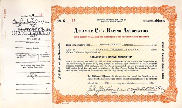 Atlantic City Racing Association signed by John B. Kelly, Sr. - Stock Certificate