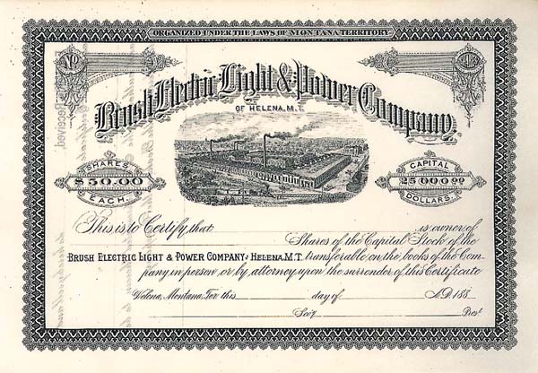 Brush Electric Light and Power Co of Helena, MT - Stock Certificate