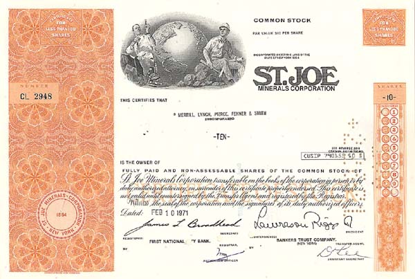 St Joe Minerals Corp - Stock Certificate