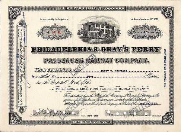 Philadelphia and Gray's Ferry Passenger Railway Company - Stock Certificate