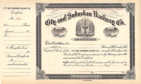 City and Suburban Railway - Stock Certificate