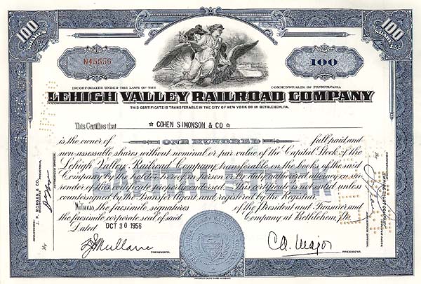 Lehigh Valley Railroad Company - Stock Certificate