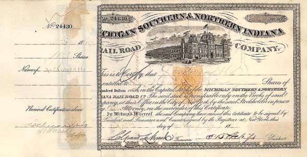 Michigan Southern and Northern Indiana - Stock Certificate