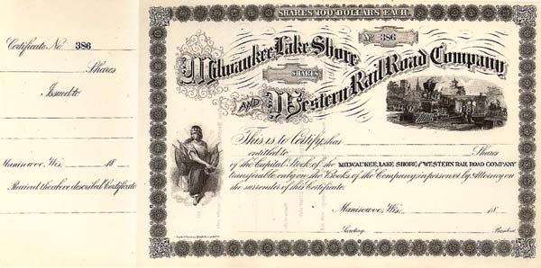 Milwaukee, Lake Shore and Western Railroad - Unissued Stock Certificate