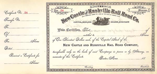 New Castle and Rushville Railroad - Stock Certificate