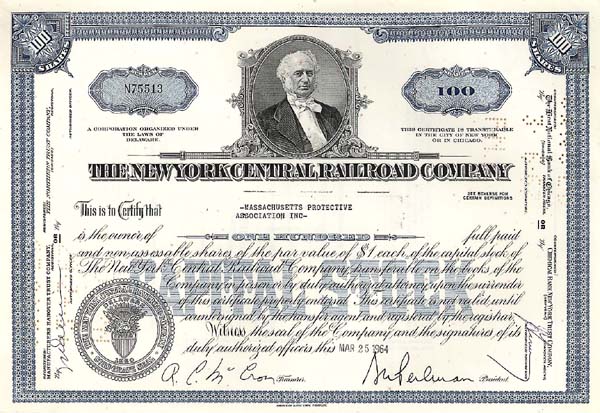 New York Central Railroad Company - Stock Certificate
