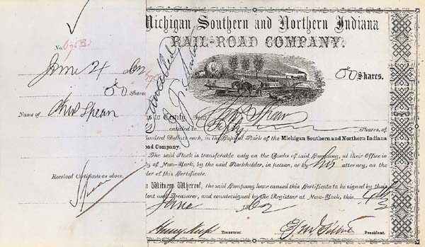 Henry Keep - Michigan Southern and Northern Indiana Rail-Road Co. - Stock Certificate