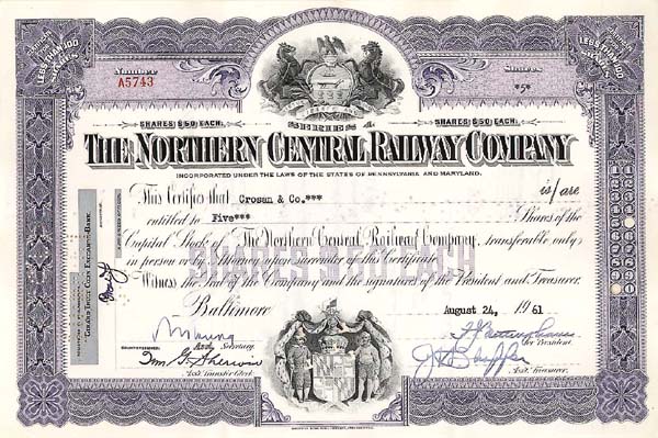 Northern Central Railway Co. - Stock Certificate