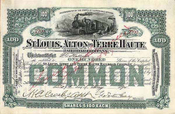 St Louis, Alton and Terre Haute Railroad - Signed by George Foster Peabody - 1890's dated Railway Stock Certificate