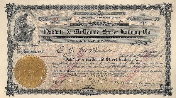 Oakdale and Mcdonald Street Railway - Pennsylvania Railroad Stock Certificate