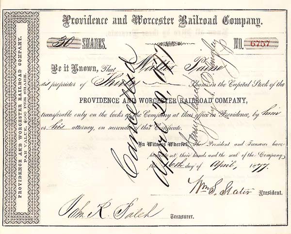 Providence and Worcester - Stock Certificate