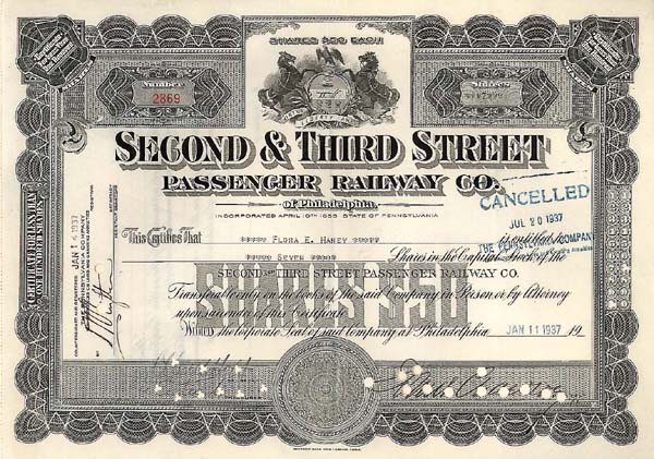 Second and Third Street Passenger Rwy of Philadelphia - Stock Certificate