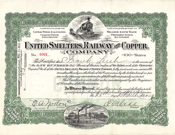 United Smelters, Railway and Copper Co - Stock Certificate