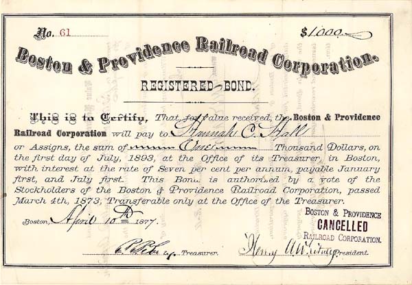 Boston and Providence Railroad Corporation - Registered Bond