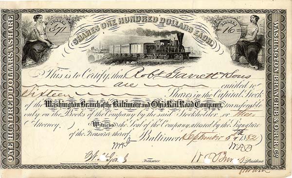 Washington Branch of Baltimore and Ohio Railroad Co. - Stock Certificate