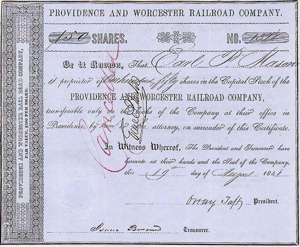 Providence and Worcester Railroad - Stock Certificate