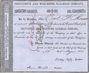 Providence and Worcester Railroad - Stock Certificate
