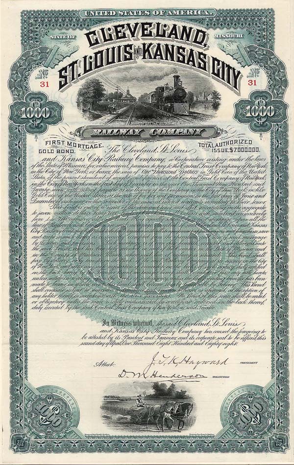 Cleveland, St Louis and Kansas City Railway Co. - $1,000 - Bond (Uncanceled)