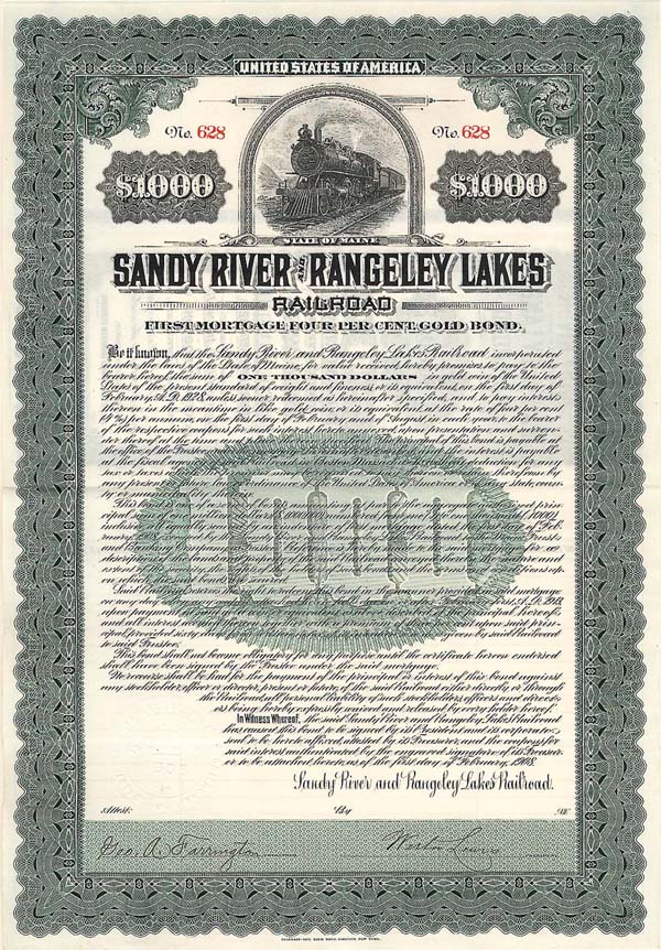 Sandy River and Rangeley Lakes Railroad - $1,000 - Bond (Uncanceled)