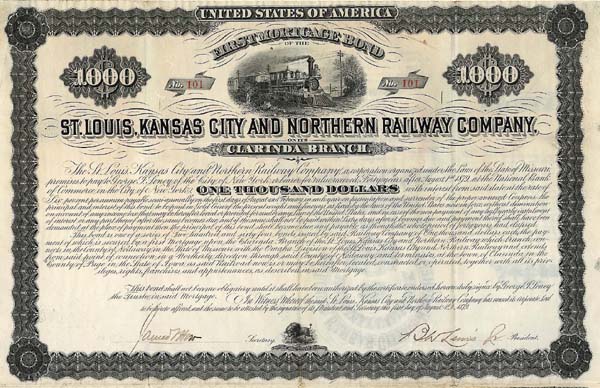 St Louis, Kansas City and Northern Railway Co. - $1,000 Bond (Uncanceled)