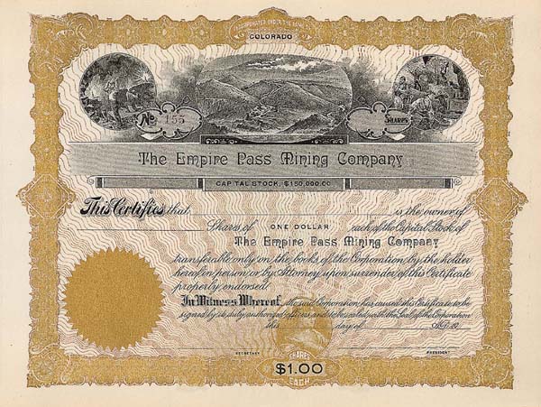 Empire Pass Mining - Stock Certificate