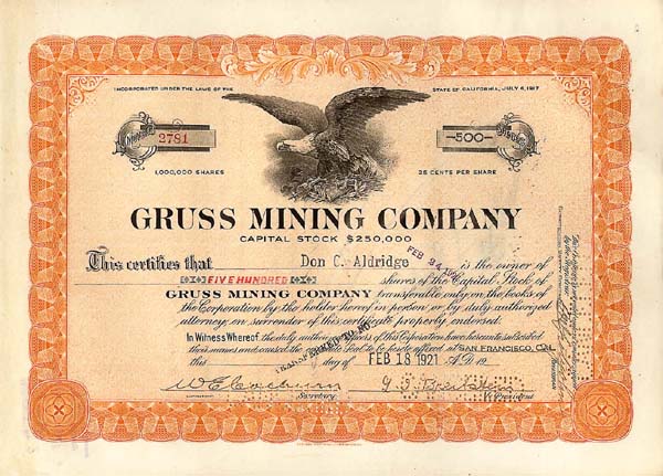 Gruss Mining Co. - Stock Certificate