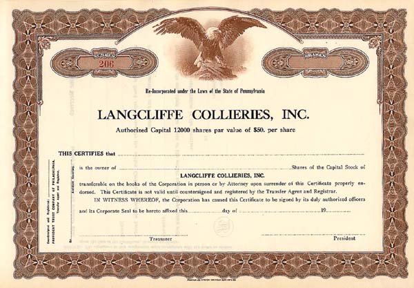 Langcliffe Collieries, Inc - Stock Certificate