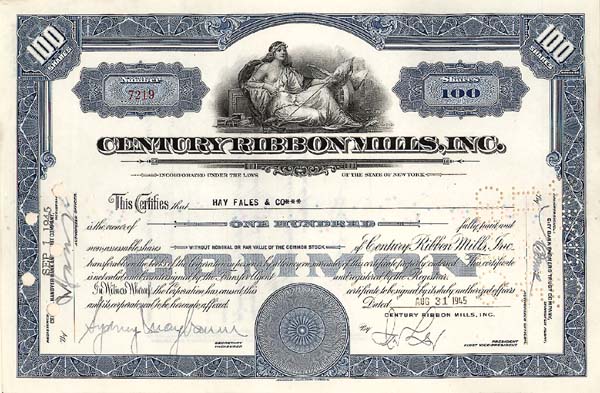 Century Ribbon Mills, Incorporated - Stock Certificate