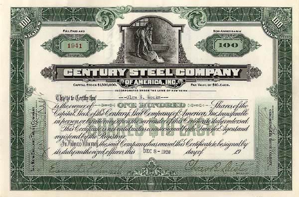 Century Steel Co of America, Inc - Stock Certificate