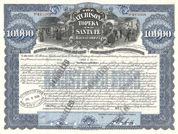 Atchison, Topeka and Santa Fe Railway - 1970's dated Gorgeous $10,000 Railroad Bond