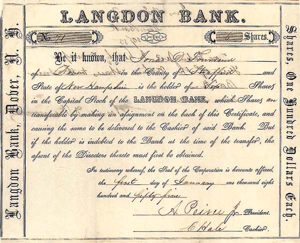 Langdon Bank - Stock Certificate