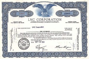 LNC Corporation - Lincoln National Corporation - dated 1960's Stock Certificate