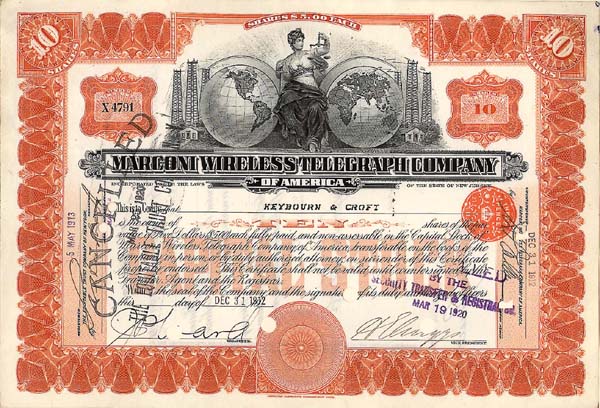 Marconi Wireless Telegraph Co. - Stock Certificate