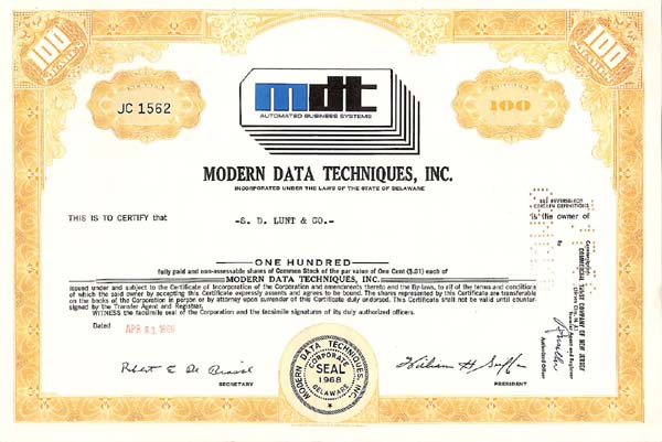 Modern Data Techniques, Inc - Stock Certificate