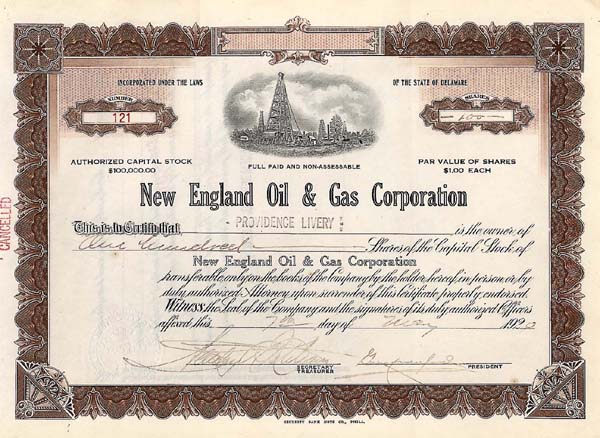 New England Oil and Gas Corp - Stock Certificate