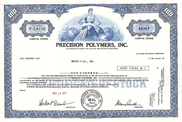 Precision Polymers, Inc - Stock Certificate