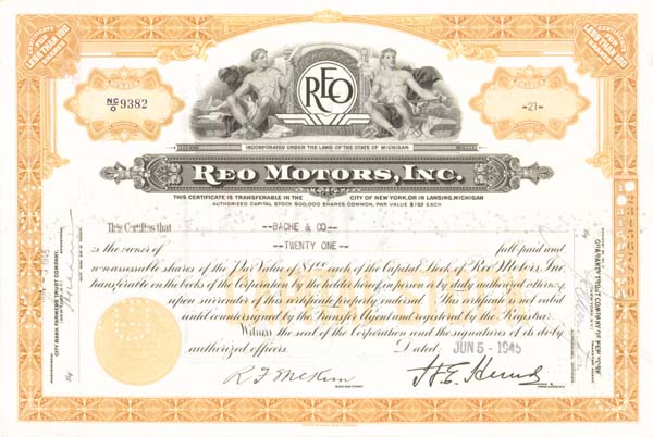 Reo Motors, Inc - Stock Certificate